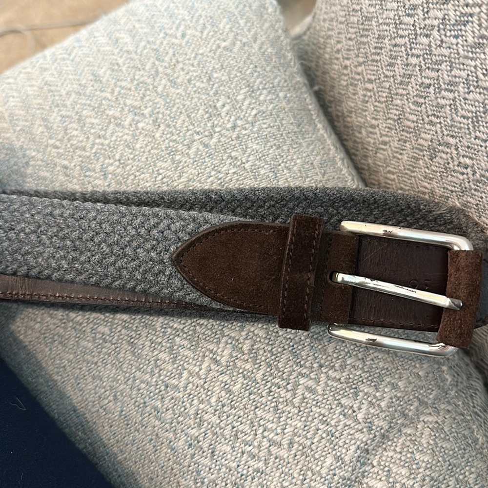 Men’s stretch woven Paul Stuart Belt , grey with brown suede